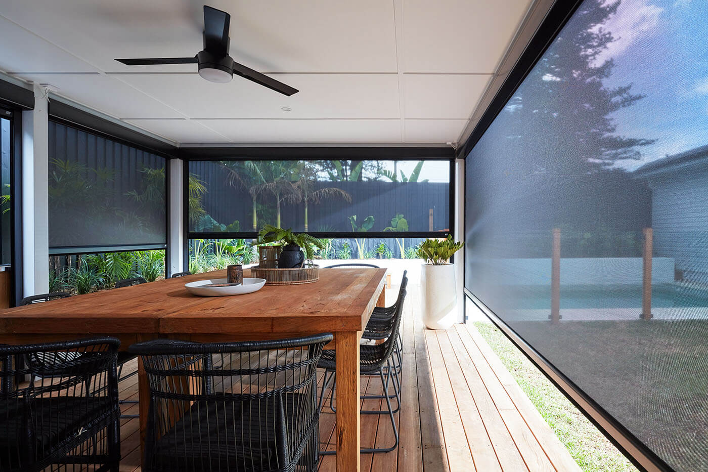 Luxaflex Evo MagnaTrack outdoor awning closing a Sydney terrace without looking bolted on
