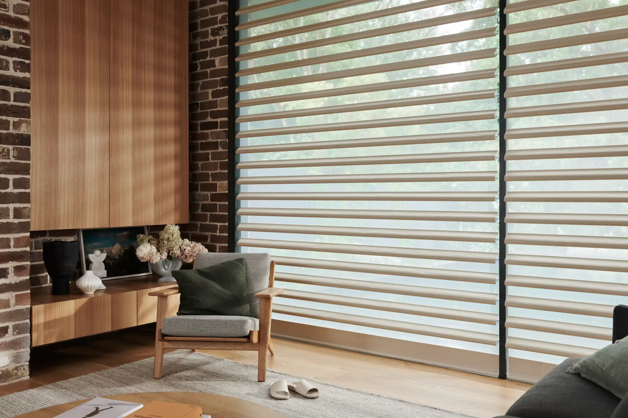 Modern horizontal blinds in a stylish living room setting.